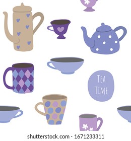 Seamless vector pattern with tea cups and teapots on a white background. Tea time.