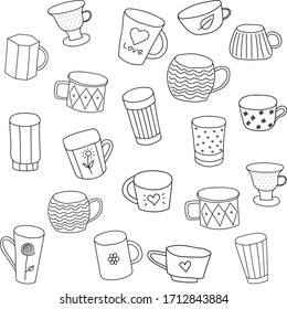 seamless vector pattern with tea cups, black on white background, isolated, with drawings, various shapes, Doodle style. suitable for fabric, packaging, and coloring pages. set of cups and glasses