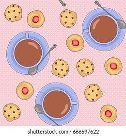 Seamless vector pattern with tea cups and cookies