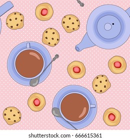 Seamless vector pattern with tea cups and cookies
