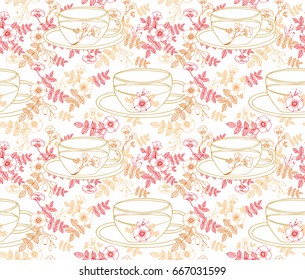 Seamless vector pattern with tea cups and rose flowers - Shutterstock ID 667031599