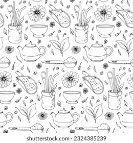 Seamless vector pattern with a tea party theme.  Japanese tea ceremony devices. 
Teapot for brewing, mugs and leaves for the drink.  Doodle style illustration.