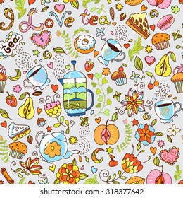 Seamless vector pattern with tea pot, tea cups, sweets and flowers. Endless background with tea theme. Can be used for fabrics, wallpapers, ornamental template for design and decoration.