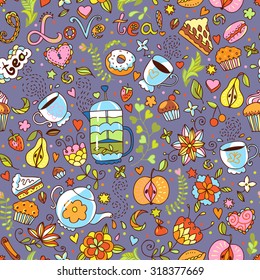 Seamless vector pattern with tea pot, tea cups, sweets and flowers. Endless background with tea theme. Can be used for fabrics, wallpapers, ornamental template for design and decoration.