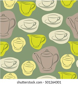 Seamless vector pattern. Tea pot, tea cups, milk jug and sugar-bowl set o the green background. Hand drawn tea set pattern. 