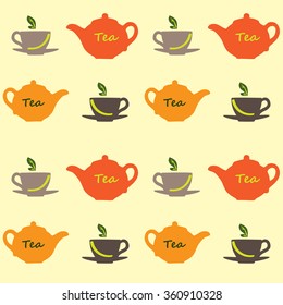 Seamless vector pattern with tea pots and tea cups.