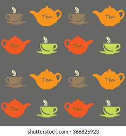 Seamless vector pattern with tea pots and tea cups on a grey background. Vector illustration. Set
