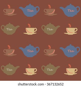 Seamless vector pattern with tea pots and tea cups on a brown background. Vector illustration. Set