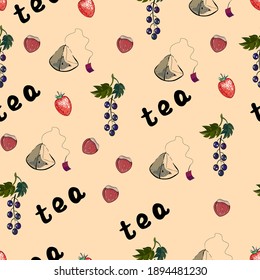 Seamless vector pattern with tea pyramids, strawberries, currants, hazelnuts and lettering. Cute food background.