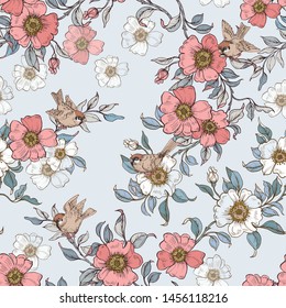 Seamless vector pattern with tea rose and sparrows in gentle shades