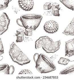 Seamless vector pattern with tea time elements. Hand-drawn vector illustration