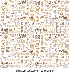 Seamless vector pattern with tea words & icons