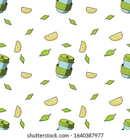 Seamless vector pattern of teacup to go with japanese macha green tea. Colorful summer repetitive pattern with lemons, limes and mint. Flat print on white backdrop in hand drawn style, tasty drink