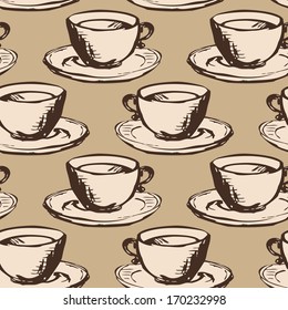 seamless vector pattern with teacups, tea ornament, hand drawn vintage illustration