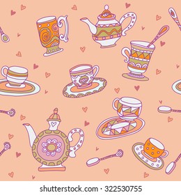 seamless vector pattern of teacups and teapots with hearts on the coral background
