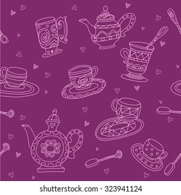 Seamless vector pattern of teacups and teapots with  hearts on the lilac background