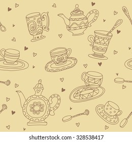 seamless vector pattern of teacups and teapots made brown outline with hearts on the beige background