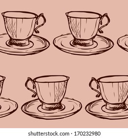 seamless vector pattern with teacups, vintage tea illustration