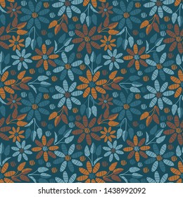 A seamless vector pattern with teal and orange florals. Surface print design.
