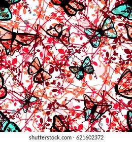 A seamless vector pattern with teal and pink butterflies on abstract branches with leaves, buds, and flowers, a spring or summer repeat print