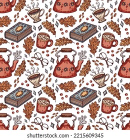 Seamless vector pattern with teapot, cups, glasses, books, oak leaves, berries and nuts. Cozy autumn digital illustration for wrapping paper, fabrics, design, and more.