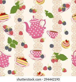 Seamless vector pattern with teapot, cups, raspberries and cake.
