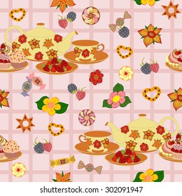 Seamless vector pattern with teapot, cups, berries and cake.