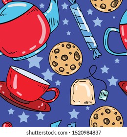 Seamless vector pattern with teapot, tea, cookie, cup and candies on blue background. Good for printing. Wallpaper, textile and fabric design. Cute wrapping paper idea with sweets.
