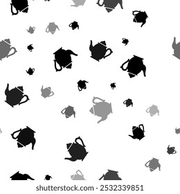 Seamless vector pattern with teapots, creating a creative monochrome background with rotated elements. Vector illustration on white background