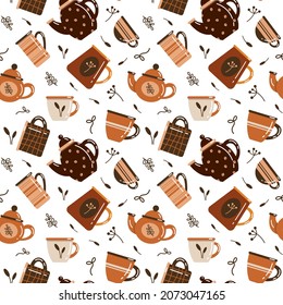 Seamless vector pattern of teapots and cups. 