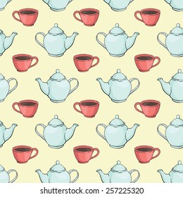 seamless vector pattern with teapots and cups