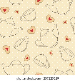 seamless vector pattern with teapots, cups and cookies