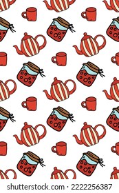Seamless vector pattern with teapots and jam.