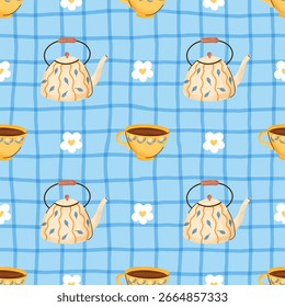 Seamless vector pattern with teapots and tea cups on a blue checkered background with small white flowers. Cozy and warm design perfect for kitchen textiles, wrapping paper, and tea-themed products.