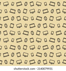 Seamless vector pattern technique on a beige background. Contour icons of laptop, monitor, phone, smart watch.