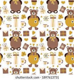 Seamless vector pattern with teddy bear, gift boxes, flowersm hearts, cup, envelope. Children illustration in flat style for wrapping paper, party decor, textile