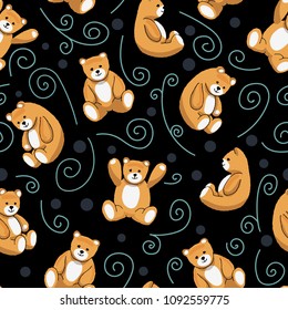 Seamless vector pattern with Teddy Bears on black background. Toy vector illustration in hand drawn style for your background, textile, fabric.