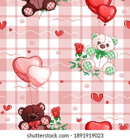 Seamless vector pattern with teddy bears, roses and balloons on a pink fabric background with a checkered pattern. Romantic delicate pattern.