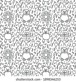 Patrón vectorial sin foco con osos de peluche, flores, corazones, puntos. Ilustración infantil en forma de doodle para decoración, textil, papel envolvente