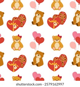 Seamless vector pattern with teddy bears, gifts, and chocolate. Charming Valentine’s Day design for romantic projects. Perfect for gift wrapping, greeting cards, textiles, web banners, and decor.