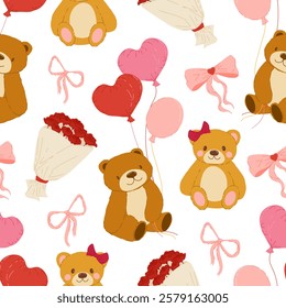 Seamless vector pattern with teddy bears and gifts. Cute Valentine’s Day design with presents and love themes. Perfect for gift wrapping, greeting cards, textiles, web banners, and home decor