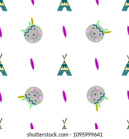 Seamless vector pattern in teepee style with cartoon cat, feathers.