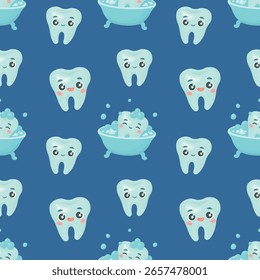 Seamless vector pattern with teeth. Happy tooth smiling, tooth taking a bath. Cute cartoon style for children dental designs