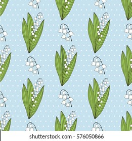 Seamless vector pattern. Tender spring lily of the valley pattern on the blue polka dotted background.