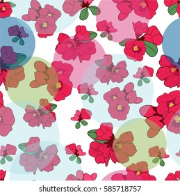 Seamless vector pattern. Tender spring flowers blossom on the colored spots background.