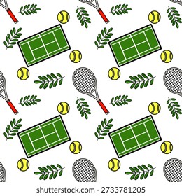 Patrón de Vector sin fisuras de pistas de tenis, pelotas, raquetas y hojas verdes sobre un fondo blanco.