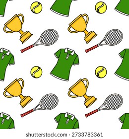 Seamless vector pattern of tennis equipment, trophies, and green polo shirts
