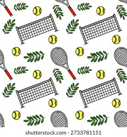 Padrão vetorial sem costura de raquetes de tênis, bolas e folhas verdes no fundo branco