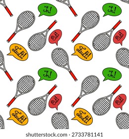 Patrón de Vector sin fisuras de raquetas de tenis y burbujas de discurso con texto "¡En!" y "¡Fallo!"