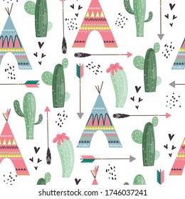 Patrón vectorial sin soldadura con tienda, flechas, cactus, peluca de tepee. Un fondo indio lindo para los niños 